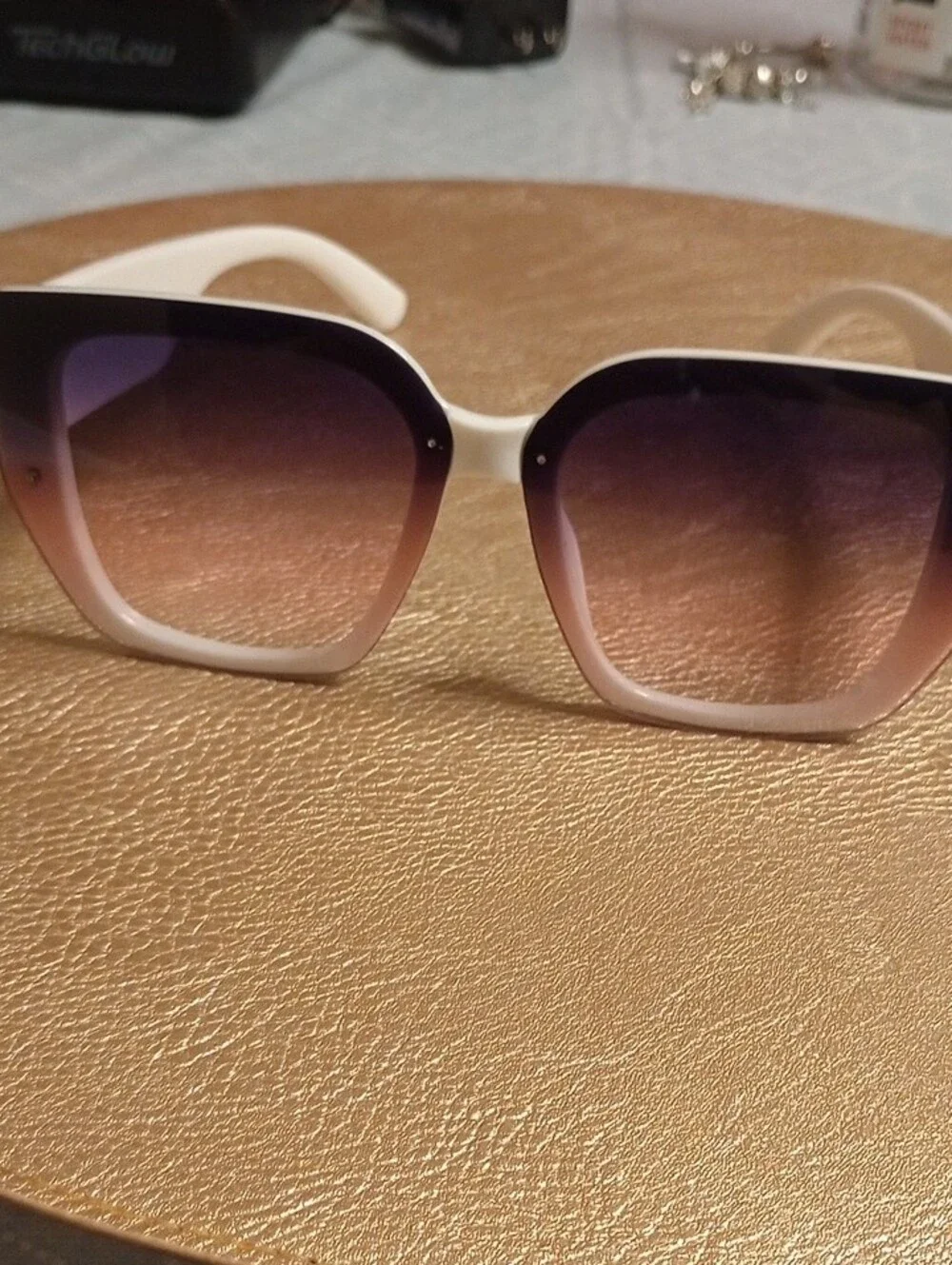 Women's White Frame Sunglasses with Purple , Pink Tint. Green, Red Stripe Lenses